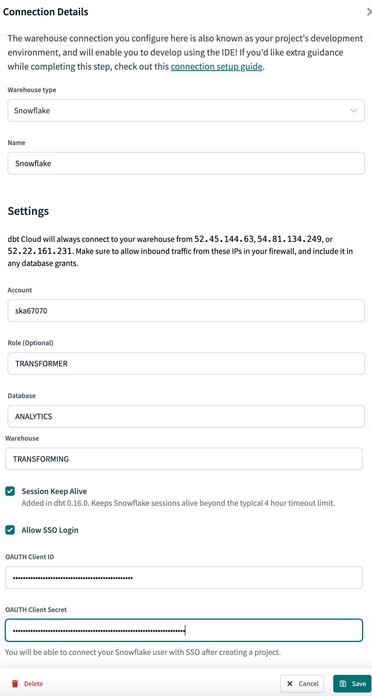 Configuring Snowflake OAuth connection